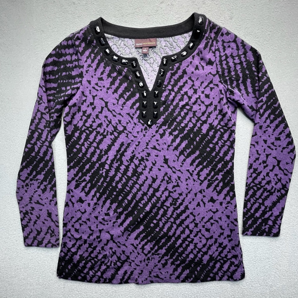 Dana Buchman Women's Purple Black Abstract Print Long‎ Sleeve V Neck Top Size S